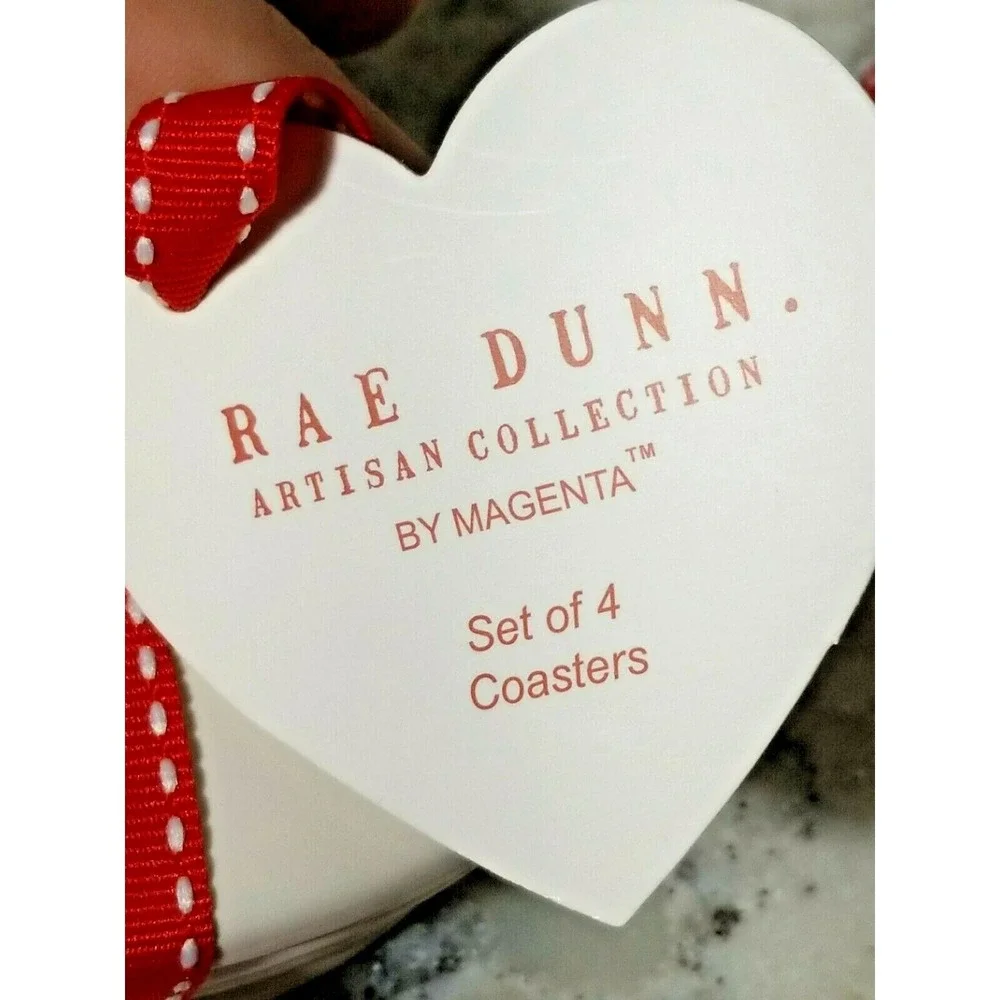 Rae Dunn Love Heart Ceramic Coasters Set of 4 White‎ Red Ribbon New